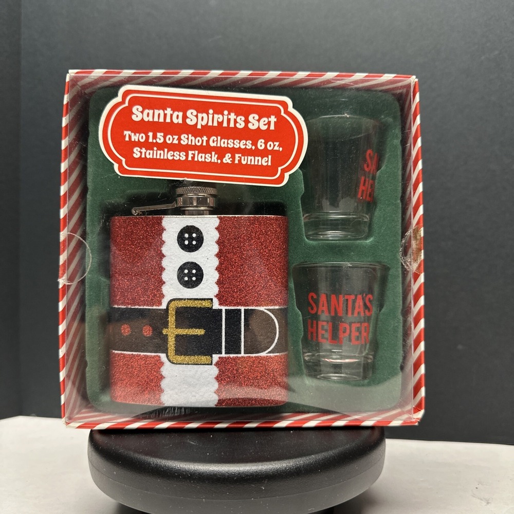 Santa Spirits Set 6oz Stainless Flask & Funnel & 2 Shot Glasses Christmas NEW